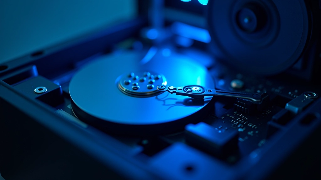 Hard drive spinning inside computer tower, internal computer components visible, technical macro photography with blue LED lighting