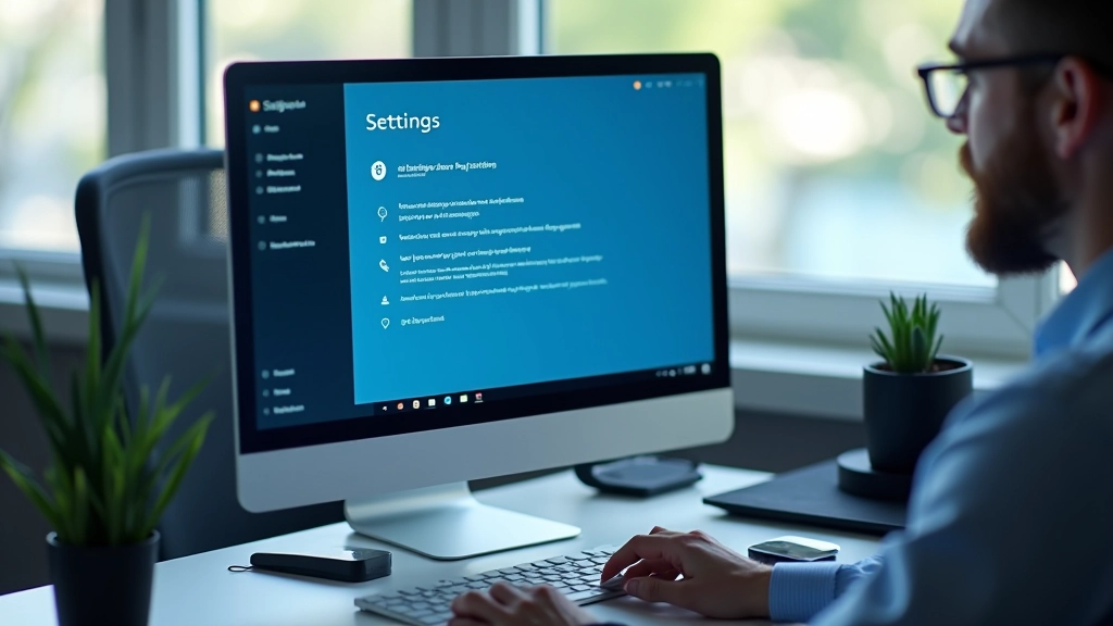 Computer monitor displaying Windows Settings application with startup programs list, desk setup with keyboard, professional tech environment, natural lighting