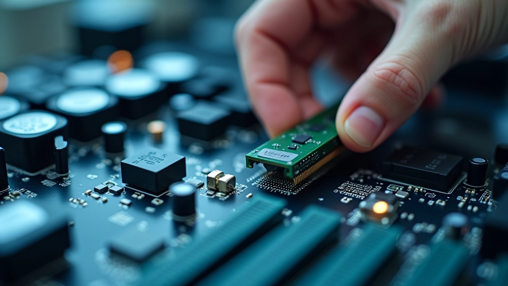 Computer RAM stick being installed into motherboard, close-up technical shot, bright even lighting, sharp focus on memory module