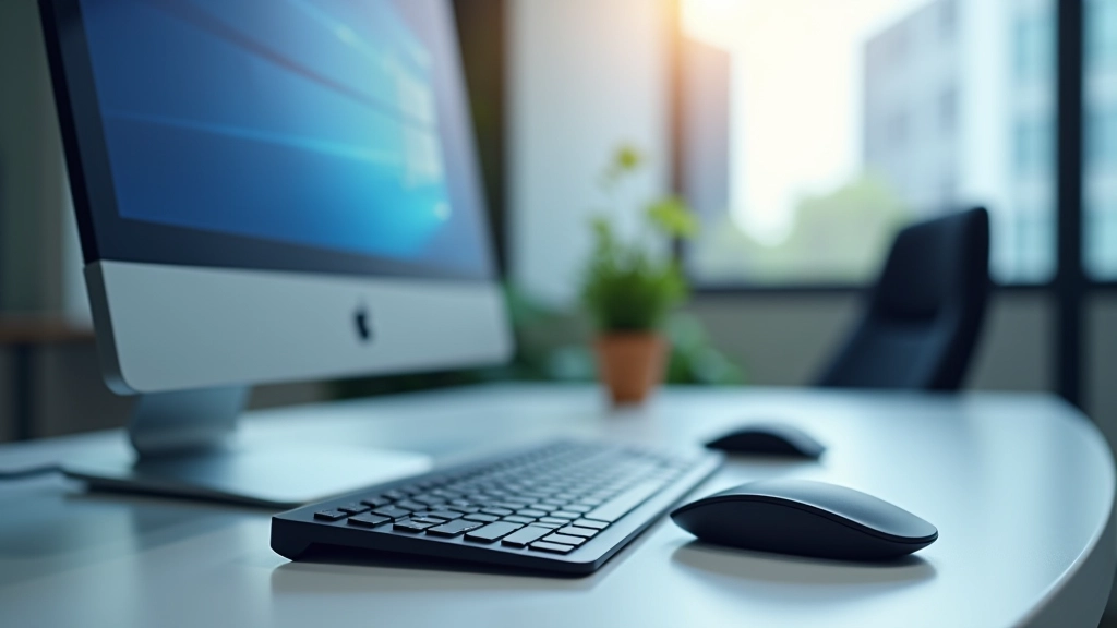 Close-up of keyboard and mouse on desk with Windows PC setup in background
