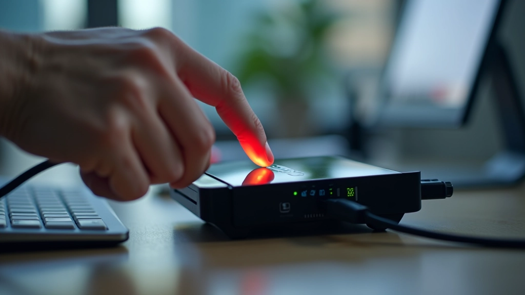 Router being reset by pressing power button, LED lights visible
