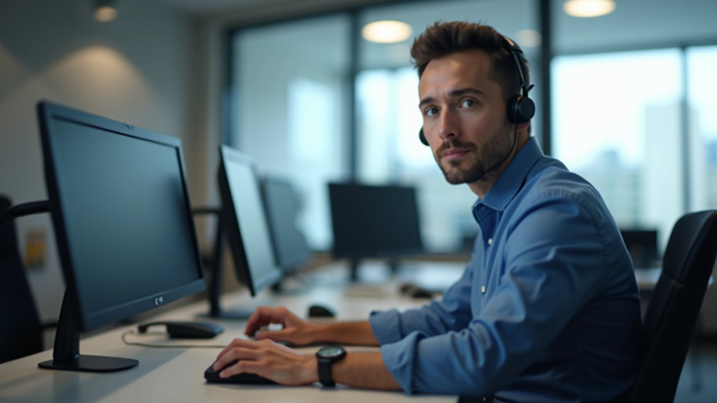 Professional IT support specialist working at computer workstation with dual monitors in modern tech office environment