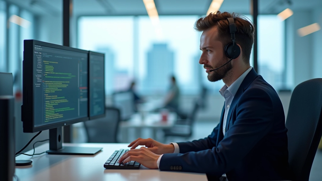 Remote PC support technician providing assistance at desk with computers