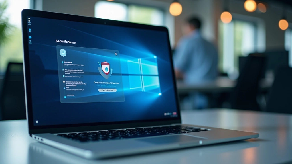 Laptop screen showing security scan in progress, antivirus software interface, malware protection dashboard, tech office setting with focused lighting