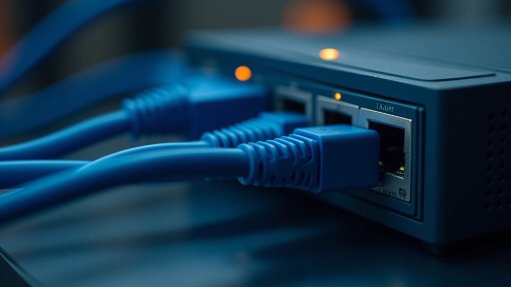Network router and ethernet cables, internet connection hardware setup, home network environment