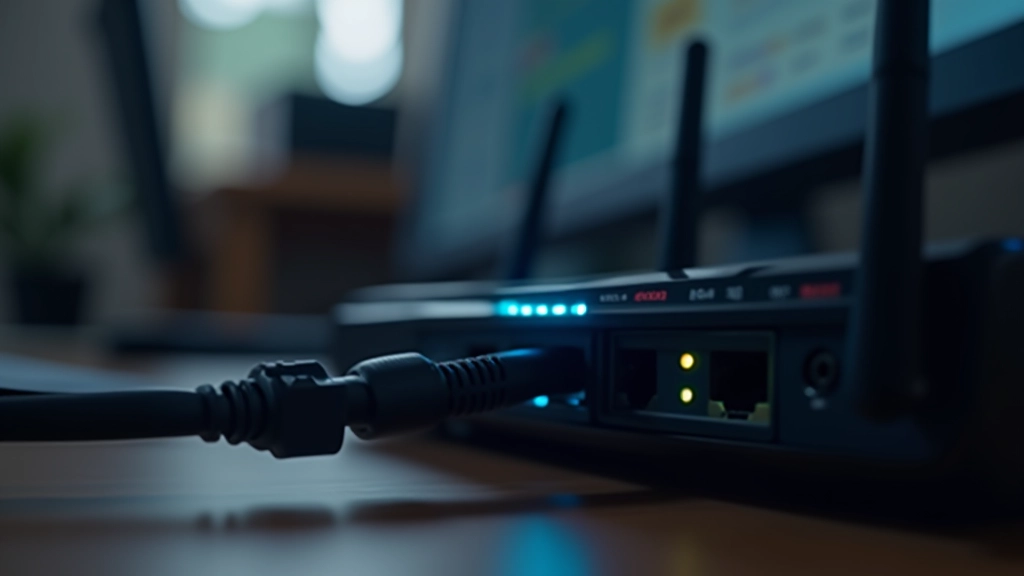 Network router with ethernet cables and WiFi signal indicator lights in home office environment