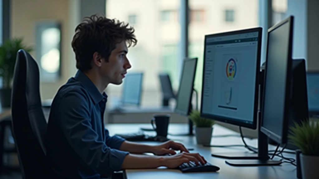 Person working at desk with computer, troubleshooting on multiple monitors, bright tech workspace with natural lighting, sharp focus