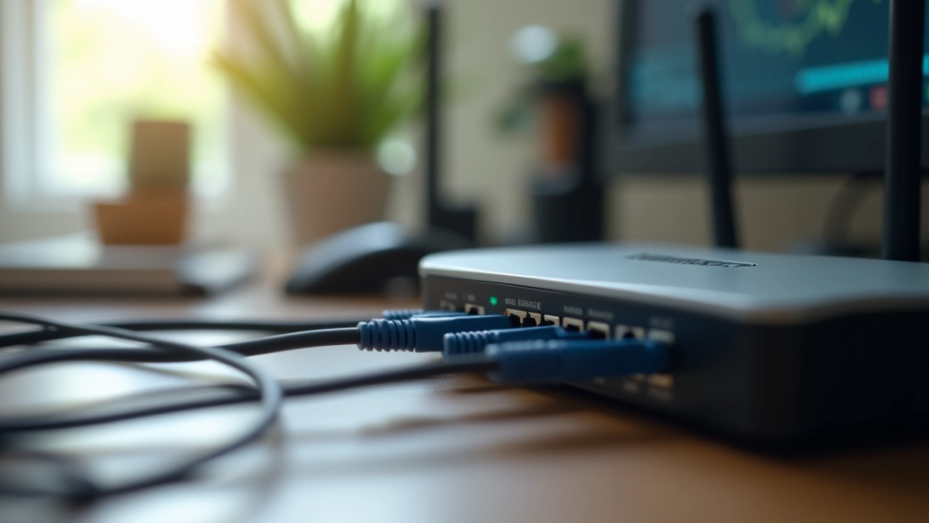 Network router and ethernet cables in home office setup