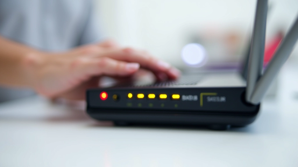 Close-up view of router status lights and ports, hands pointing at connection indicators