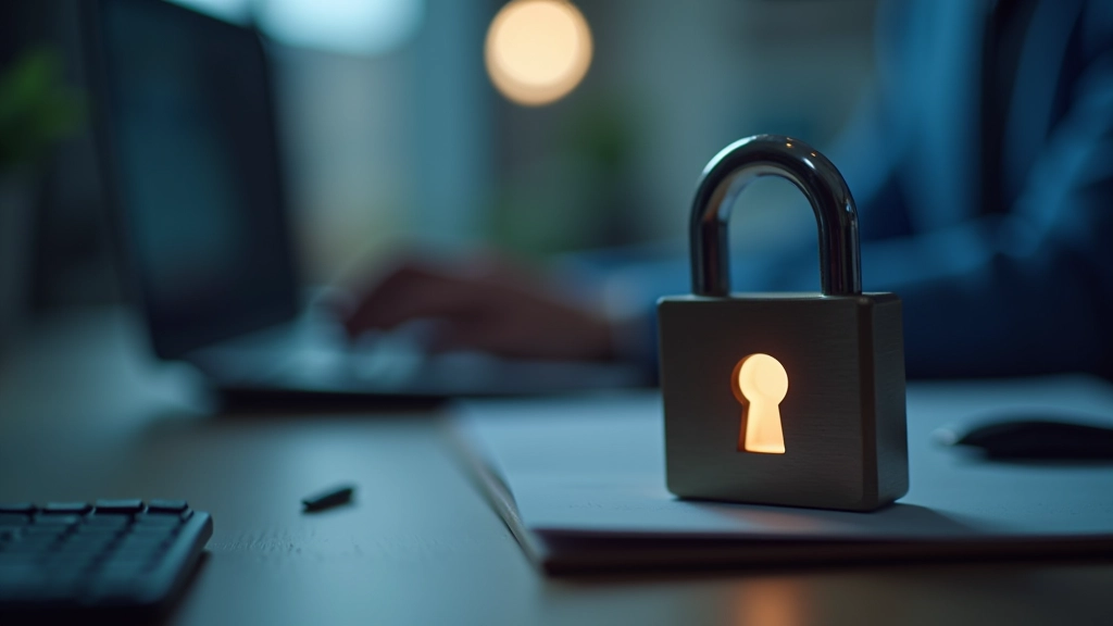 Cybersecurity concept showing padlock and network security indicators on computer screen
