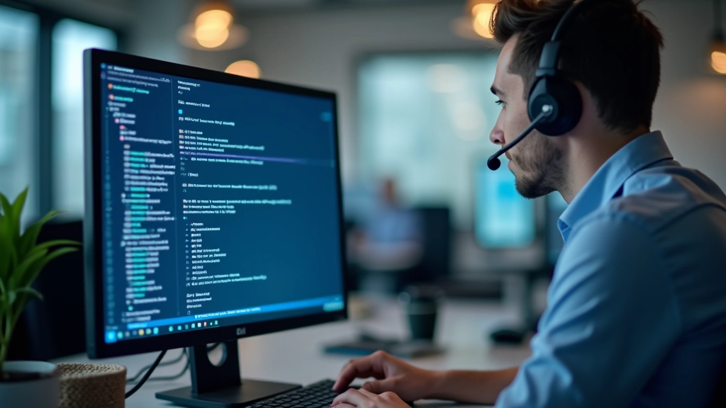 Technical support specialist reviewing Windows error logs on computer monitor in office setting