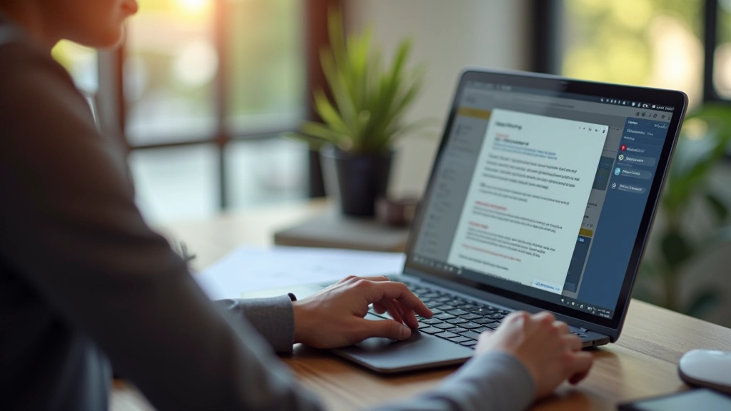 Person using laptop with help documentation on screen, technical support environment with resources visible