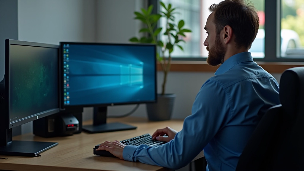 Professional workspace showing computer setup with dual monitors and networking equipment